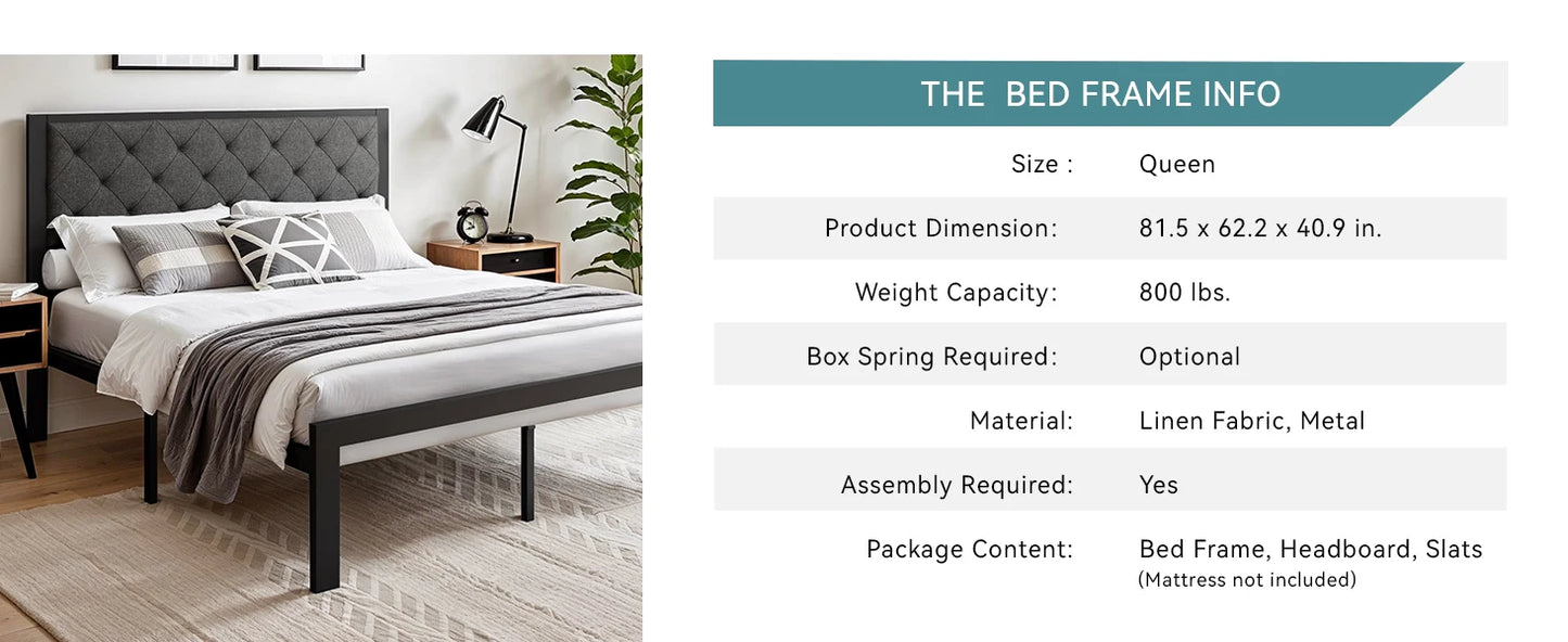Bed Frame with Upholstered Finely Stitched Headboard - Queen, King, Full and Twin Sizes