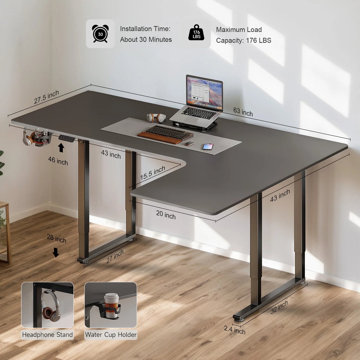 Standing Desk,63/71x43 Inches L Shaped Desk, Adjustable Height