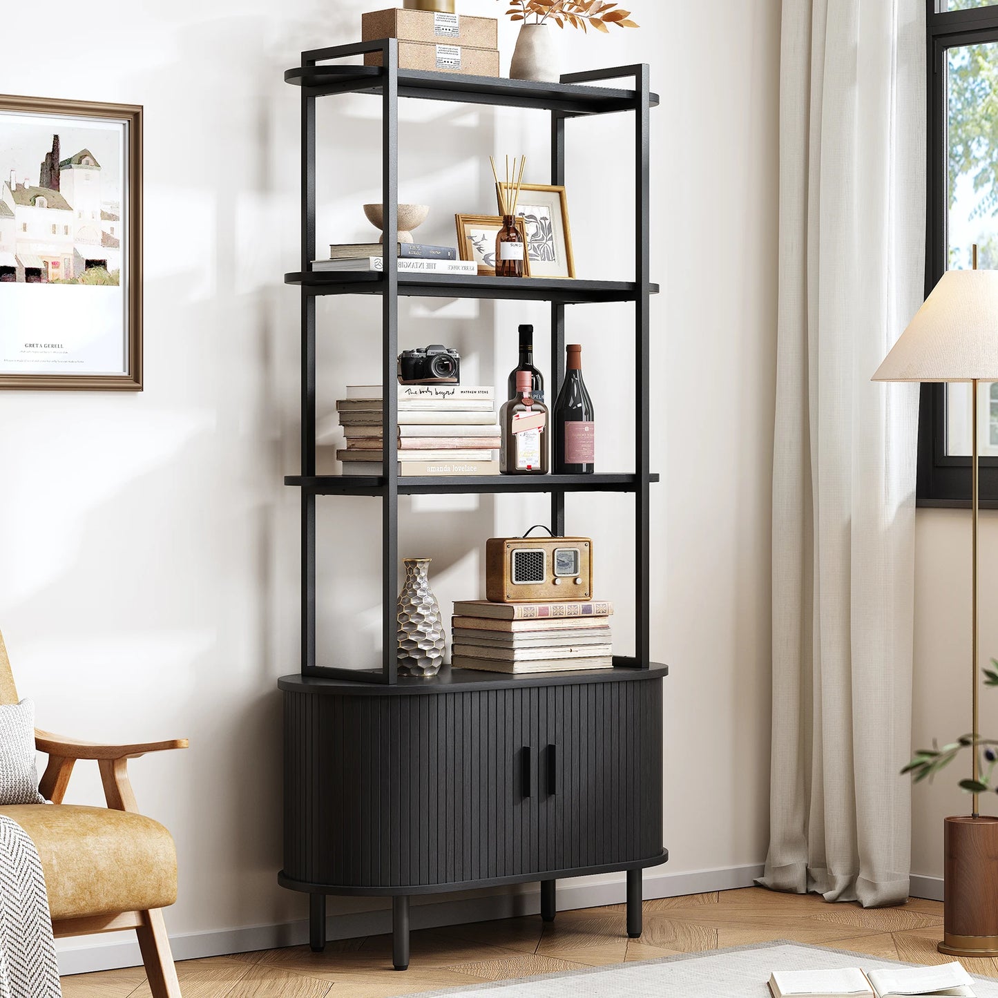 Tall Bookshelf,4-Tier Book Case with Storage Cabinet