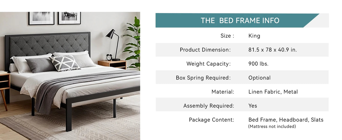 Bed Frame with Upholstered Finely Stitched Headboard - Queen, King, Full and Twin Sizes
