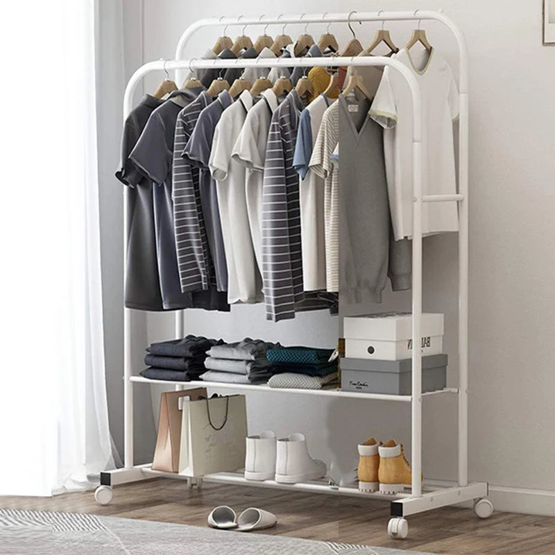 Coat Rack Double Rail Rolling Stand Shoes Rack Storage Shelf