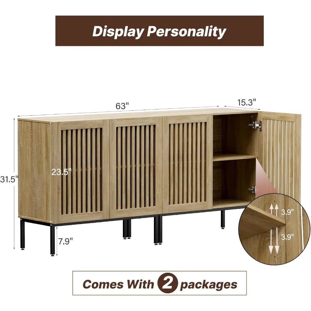 2 in 1 TV Stand with 4 Doors, Oak Sideboard, Metal Base