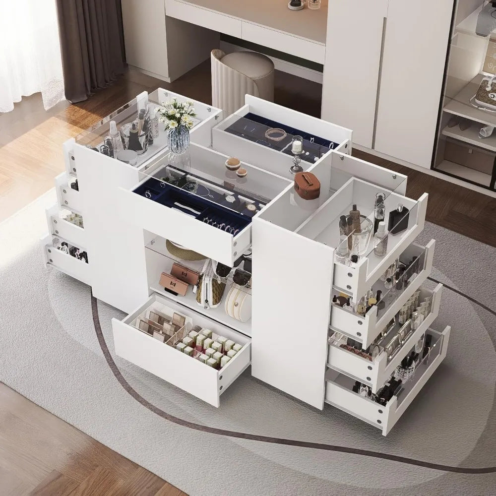 Glass Display Shelf & 12 Drawers, White Dresser with Glass Top