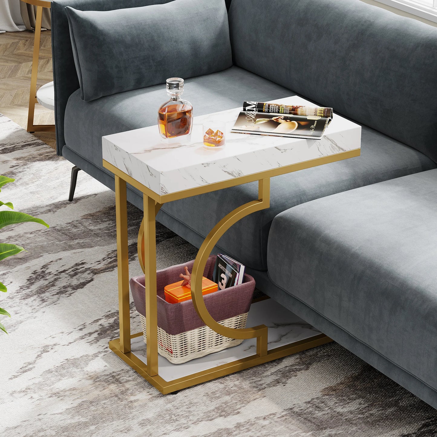 Tribesigns Narrow Side Table White Gold Side Table C Shaped End Table Modern Bedside Table Small Side Table for Couch