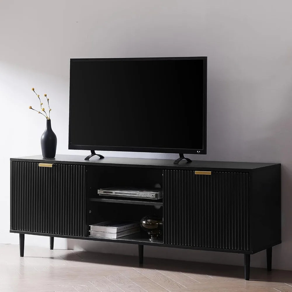 Black TV Stand for 65+ Inch TV with Sliding Doors