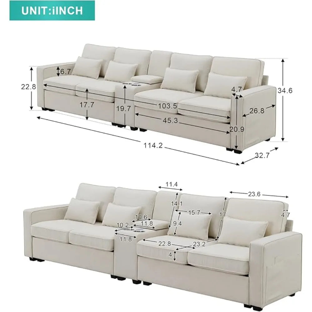 4-Seat Couch with 4 Pillows for Living Room