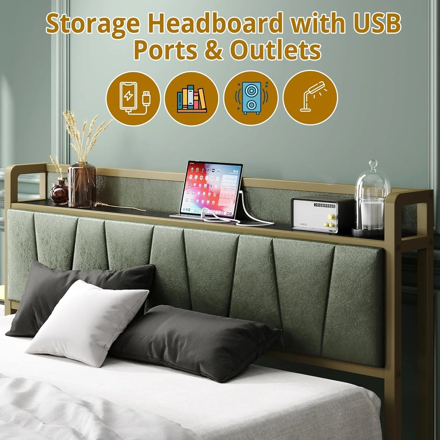 Queen Bed Frame, Storage Headboard with Charging Station