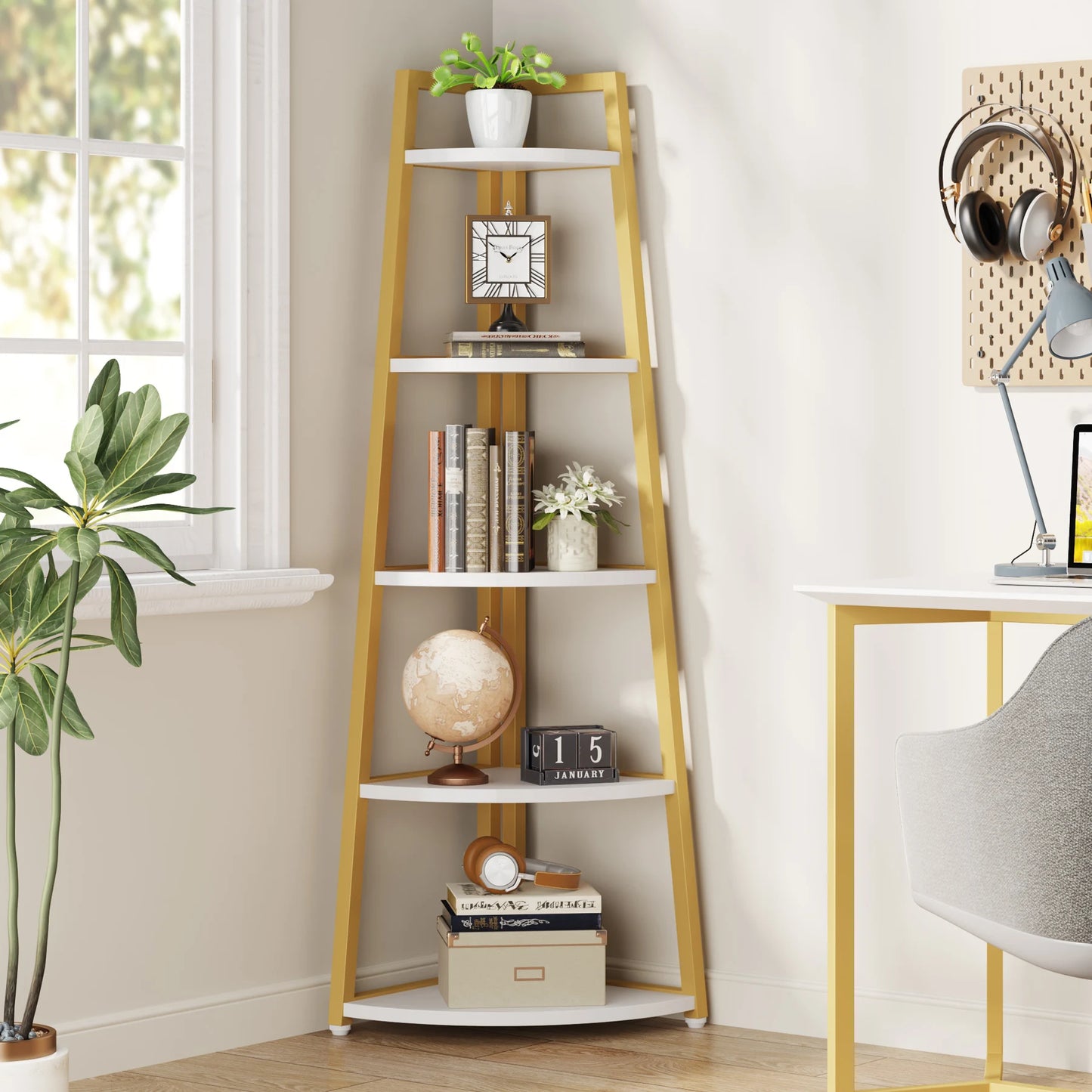 Corner Bookcase, Bookshelf with Rack Wood