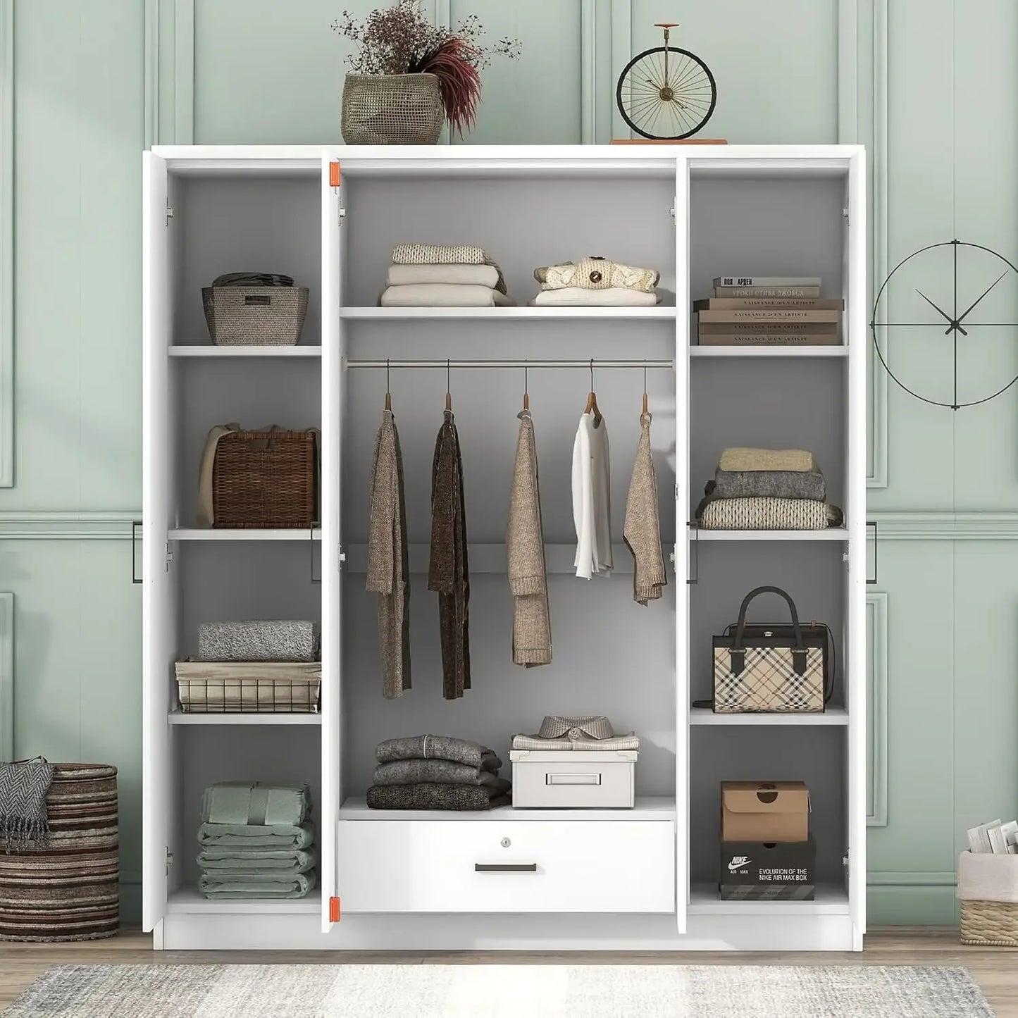 4-Door Wardrobe with Drawers, Shelves and Hanging Rail