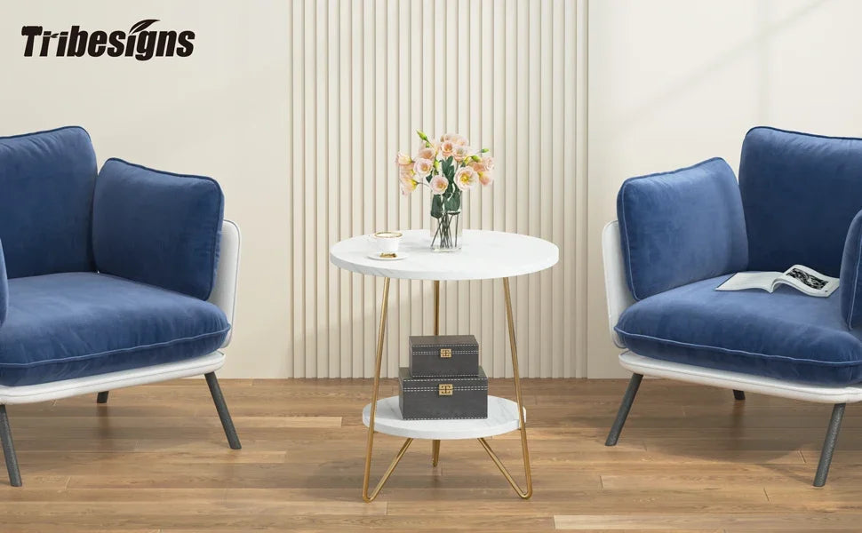 Tribesigns 2 Tier Faux Marble End Table Round Side Table with Shelves Small Coffee Accent Table for Living Room, White and Gold