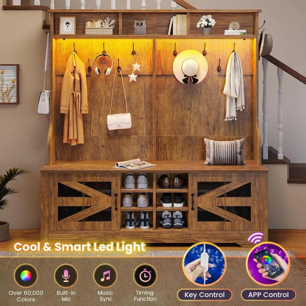 5 in 1 Entryway Bench with Coat Rack, Shoe Cubbies & Shelf