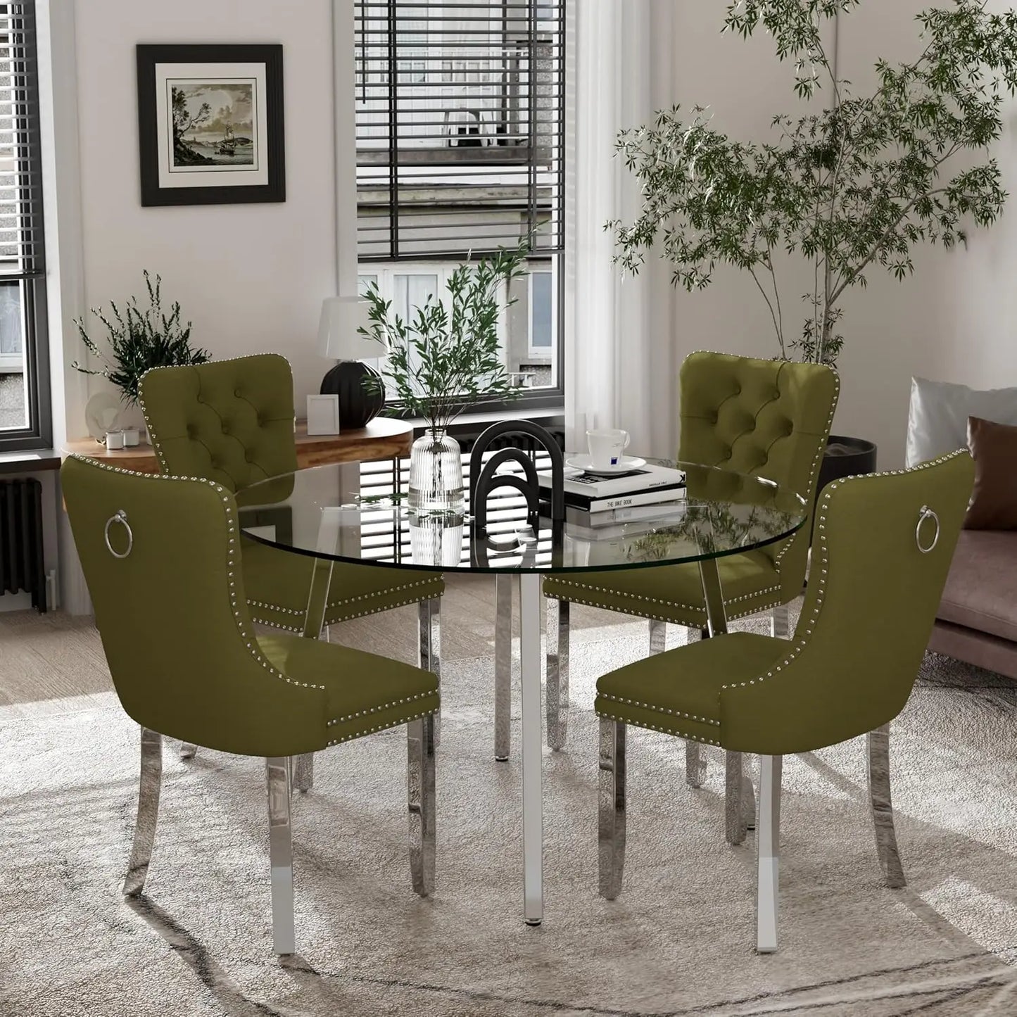5 Piece Luxury Round Glass Dining Set, Modern Minimalist Circle Kitchen Table Set for 4, 42'' Clear Circular Glass Top Dinner Ro