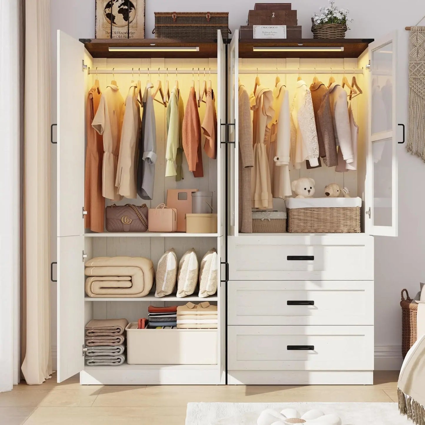 3 Drawers and LED Wardrobe with Hanging Rod