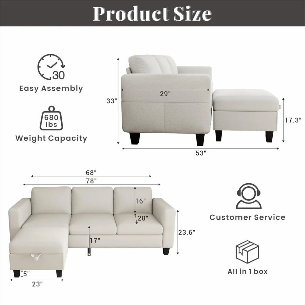 L Shaped Cloud Couch - 3 Seat-Comfy Linen with Storage