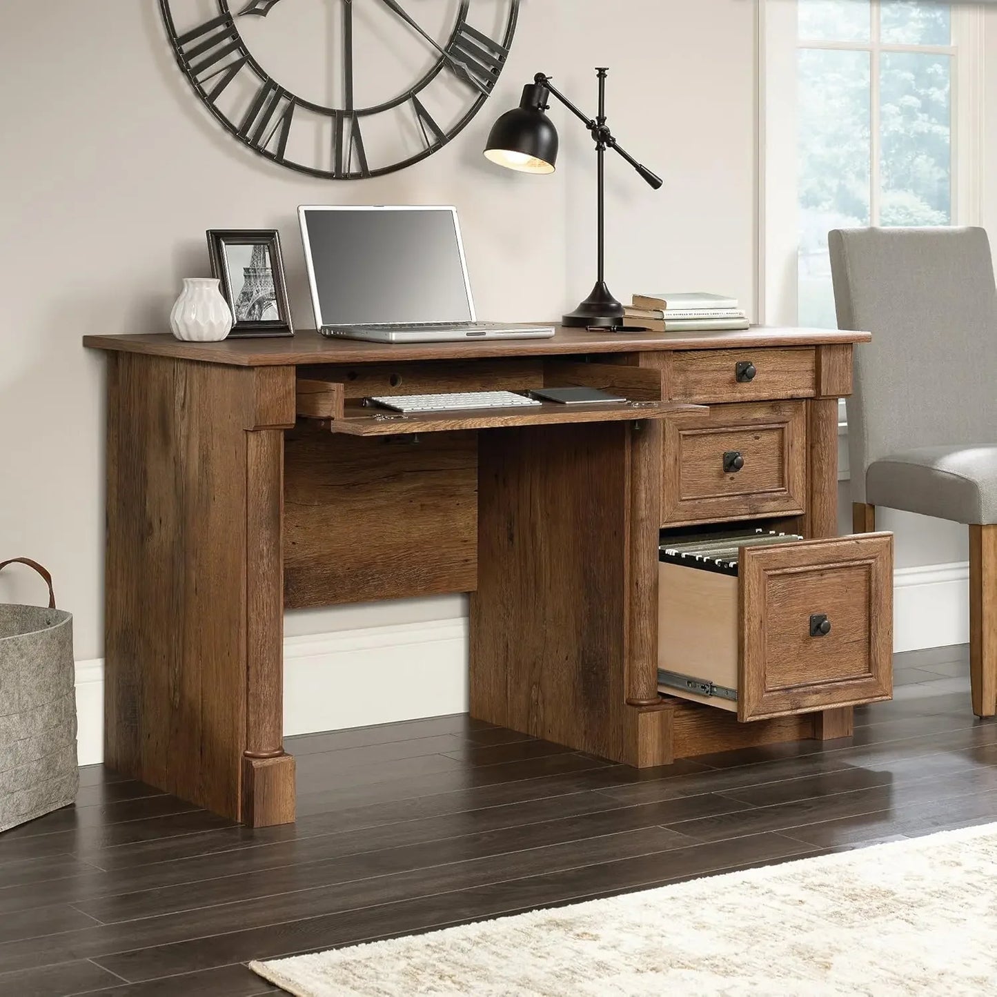 Computer Desk with Drawers in Vintage Oak Finish