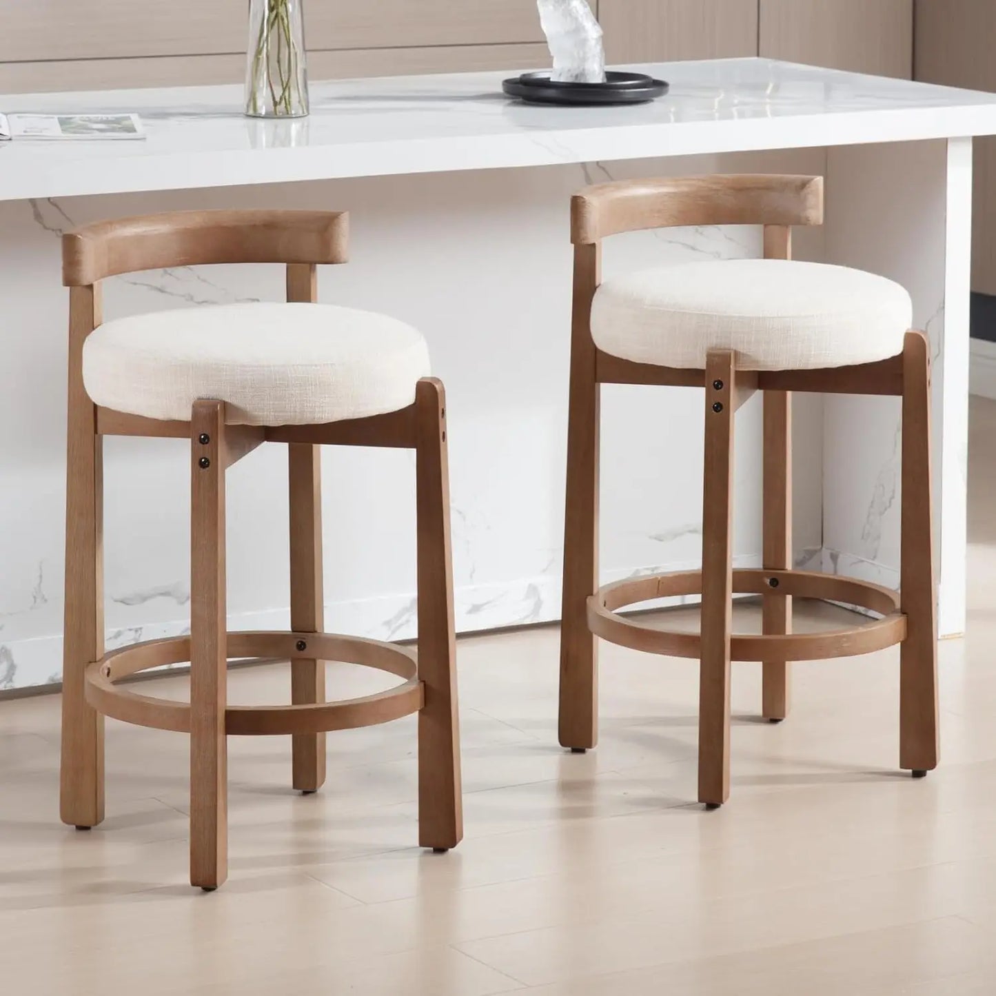 Modern Bar Stools Set of 2, Linen Upholstered, 26.5" Stools with Back