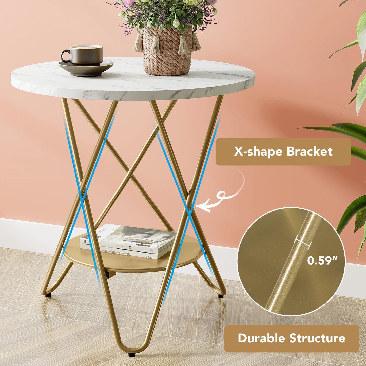 Tribesigns 2 Tier Faux Marble End Table Round Side Table with Shelves Small Coffee Accent Table for Living Room, White and Gold