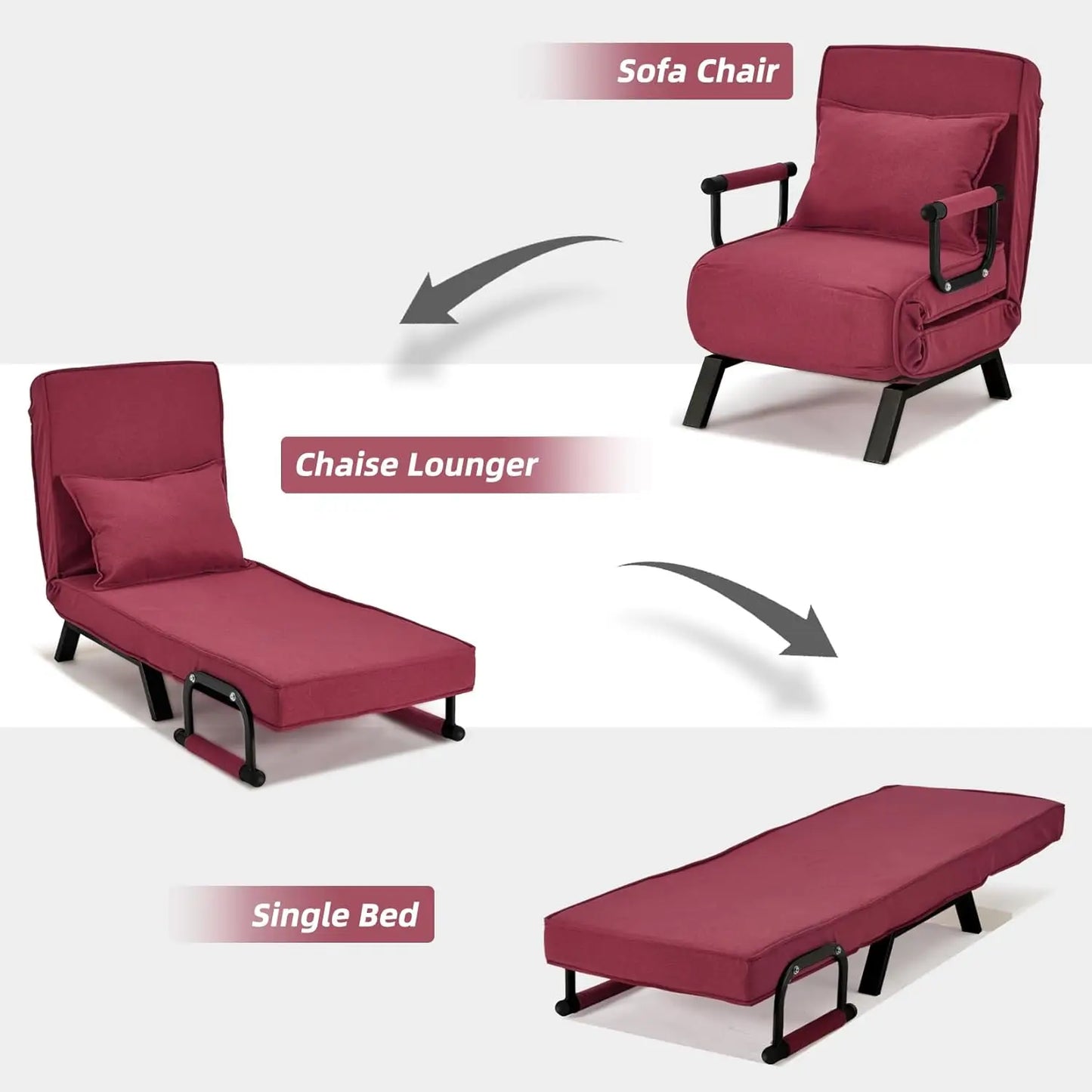 Convertible Chair, Tri-fold Upholstered Armchair Sleeper with Pillow