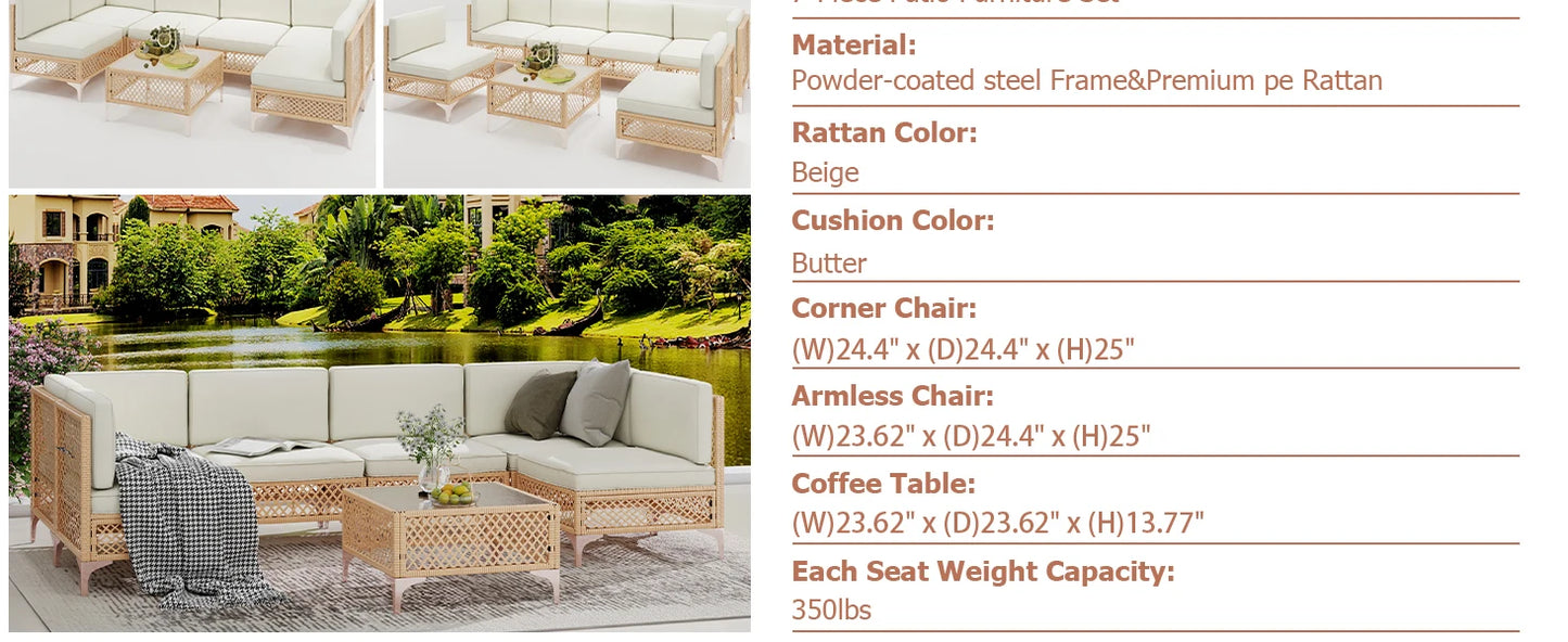 7 Piece Outdoor Patio Furniture Set, Outdoor Set with Glass Table and Cushions