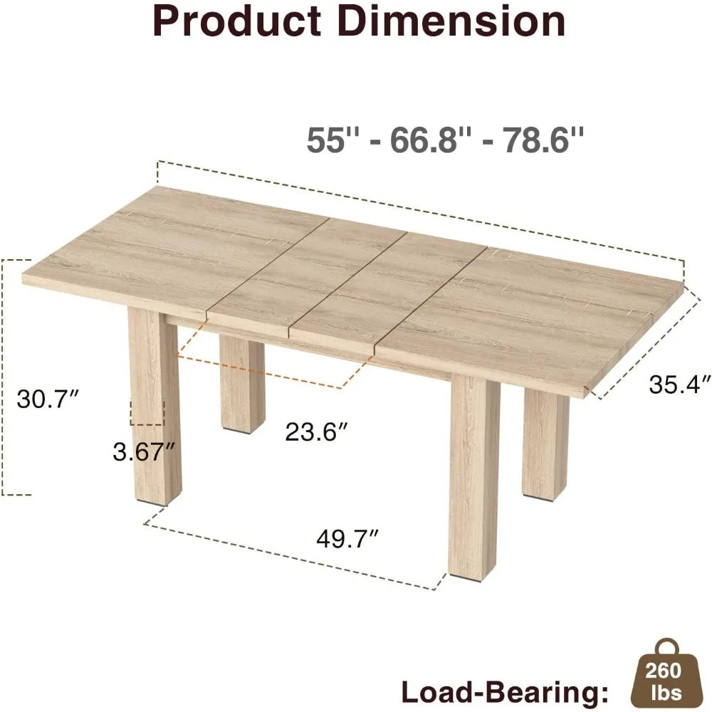Extendable Dining Table for 6 8 10,55''to 78"Wood Kitchen Table Mid Century Modern Large Transformer Rectangle Dining Room Table