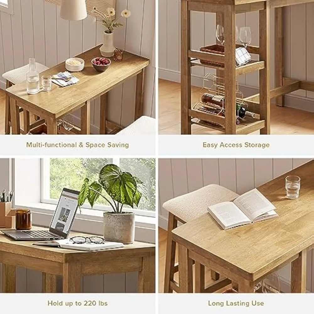 Solid Wood Counter Table Set with 2 Boucle Stools, 3-Piece Small Dining Kitchen Island Table Set for 2, with Storage