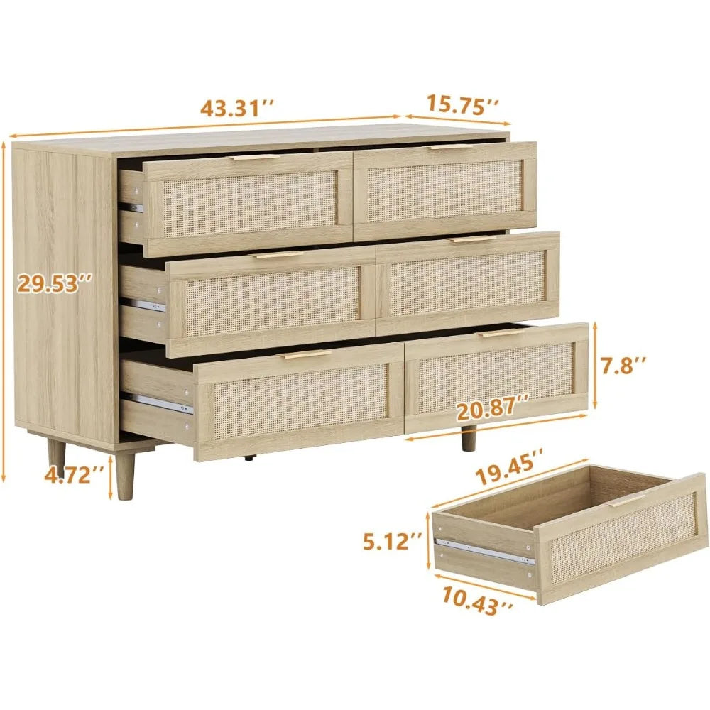 Rattan Chest of Drawers, Dresser 6 Drawer