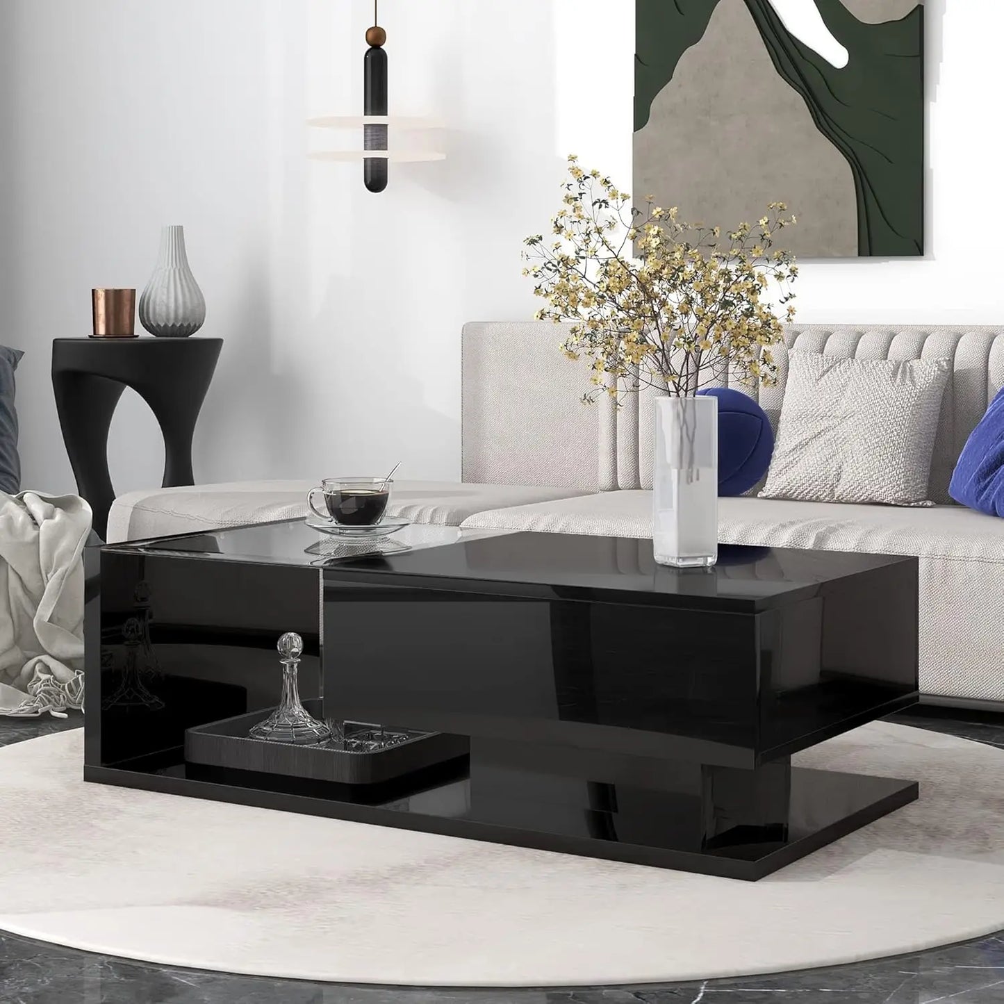 Coffee Table with Tempered Glass, Cocktail Table with High-Gloss UV Surface, Modernist 2-Tier Center Table for Living Room