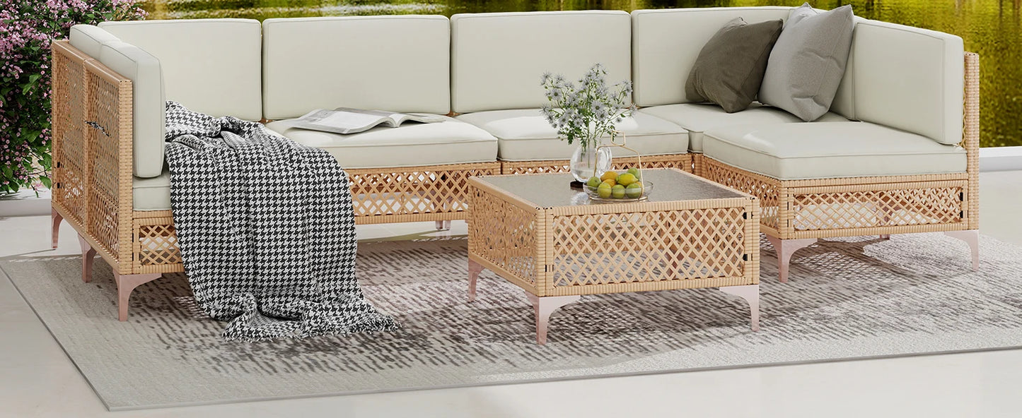7 Piece Outdoor Patio Furniture Set, Outdoor Set with Glass Table and Cushions