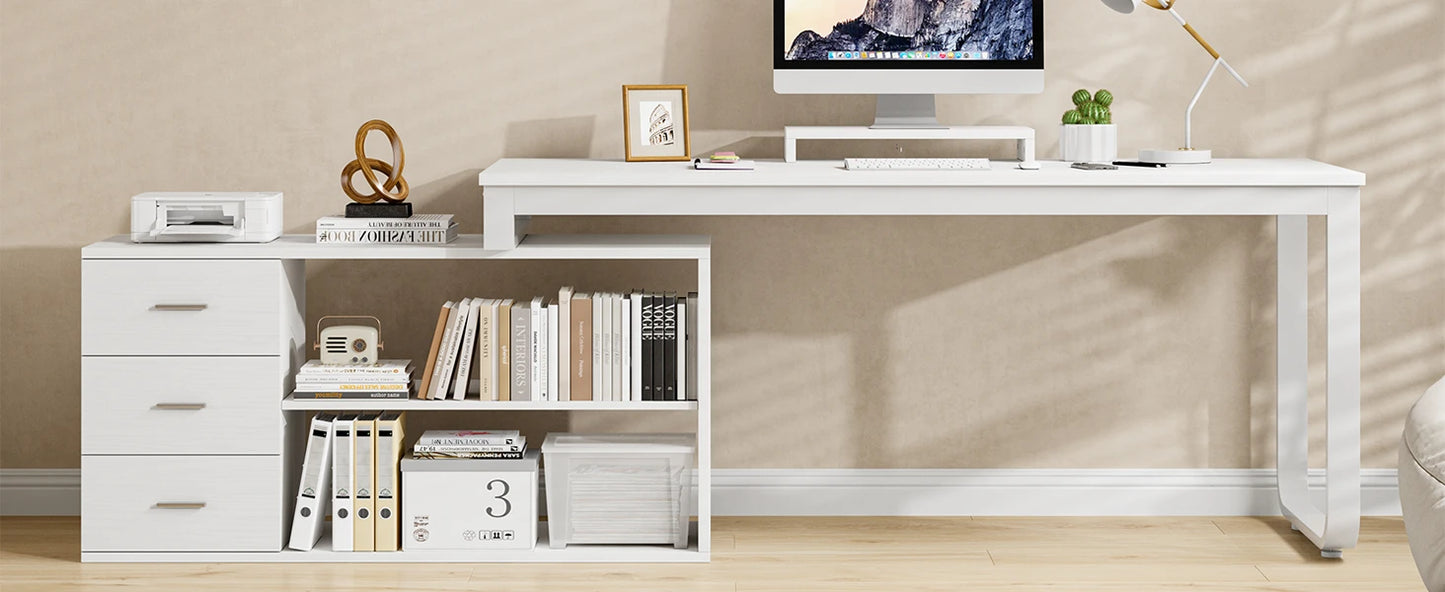 Desk with Drawers, 55 Inch L Shaped, Removable Monitor Stand