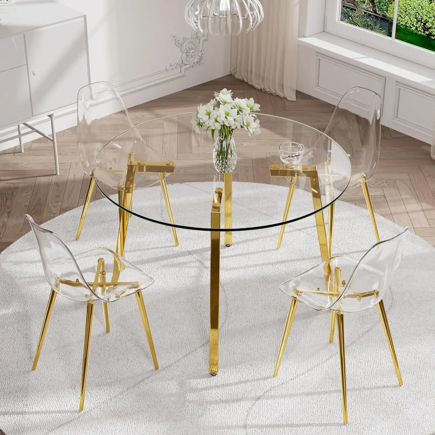 42'' Clear Round Glass Dining Table Set for 4, 5 Piece Circle Dinner Table Set, Modern Circular Kitchen and Chairs Set, Minimali