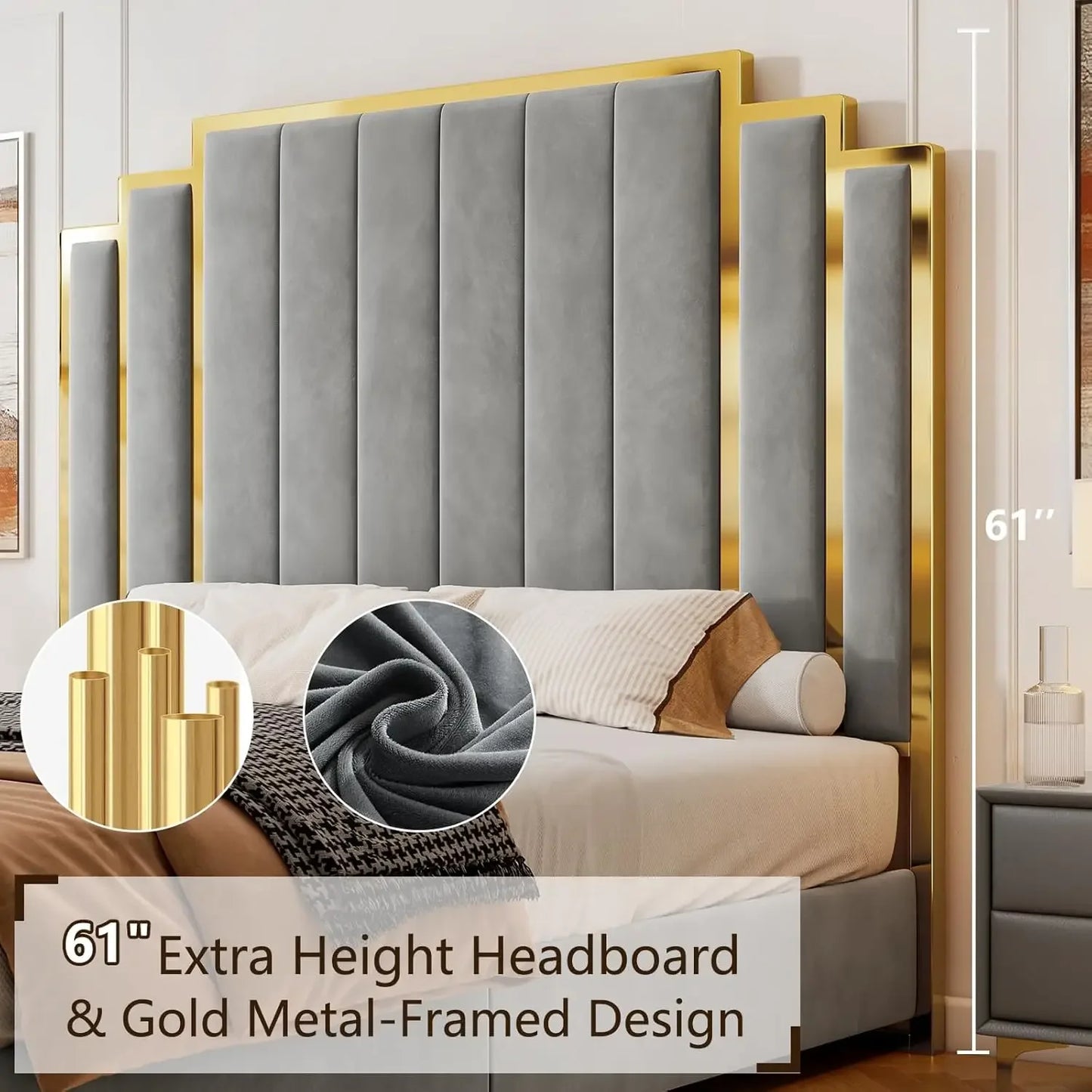 Queen & King Size Platform Bed Frame with Extra Tall Headboard