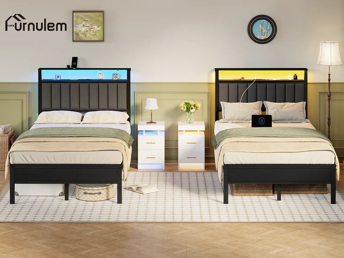 Full/Queen size bed frame with charging station, LED