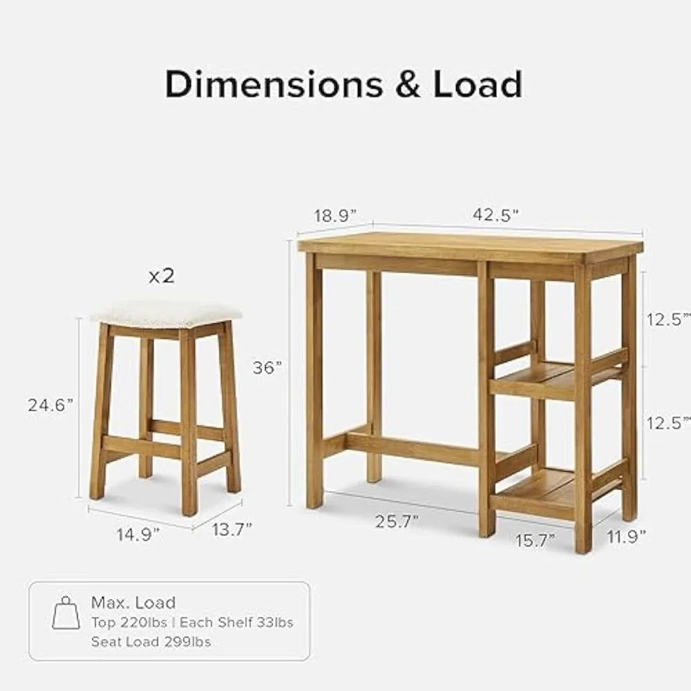 Solid Wood Counter Table Set with 2 Boucle Stools, 3-Piece Small Dining Kitchen Island Table Set for 2, with Storage