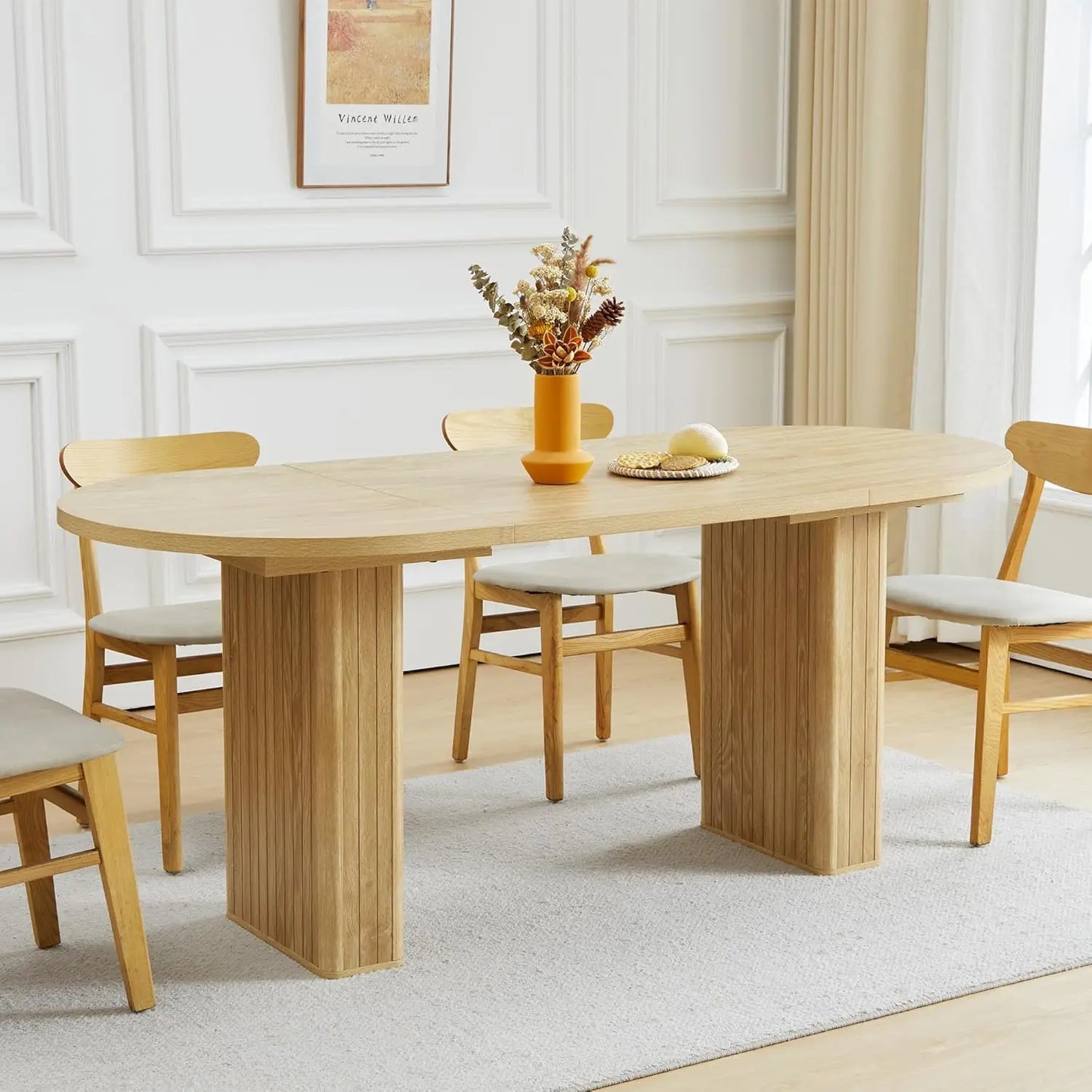 70.8 Inch Kitchen Dining Table for 4-6 People, Oval Kitchen Table with Wood Strip Base, Farmhouse Large Round Dining Room Tables