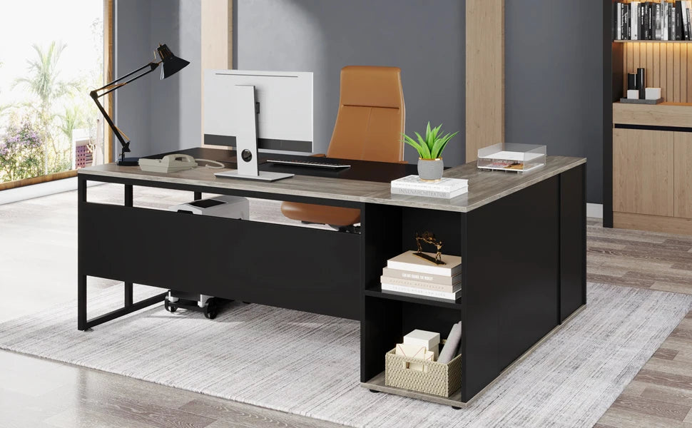 71 inch Executive Desk, L Shaped with Cabinet Storage