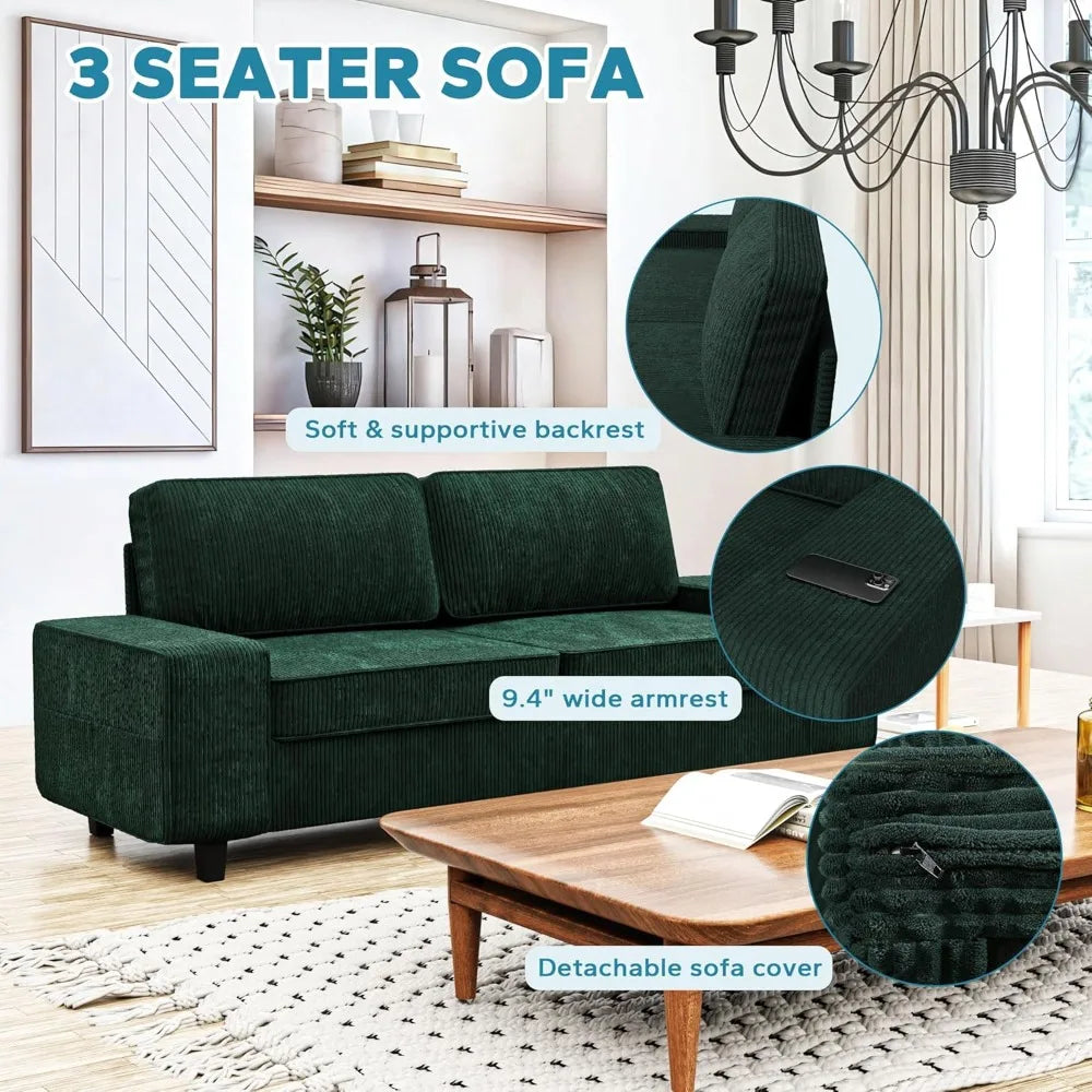Corduroy Loveseat Couch, 3 Seater Retro Sofa with 4 Side Pockets