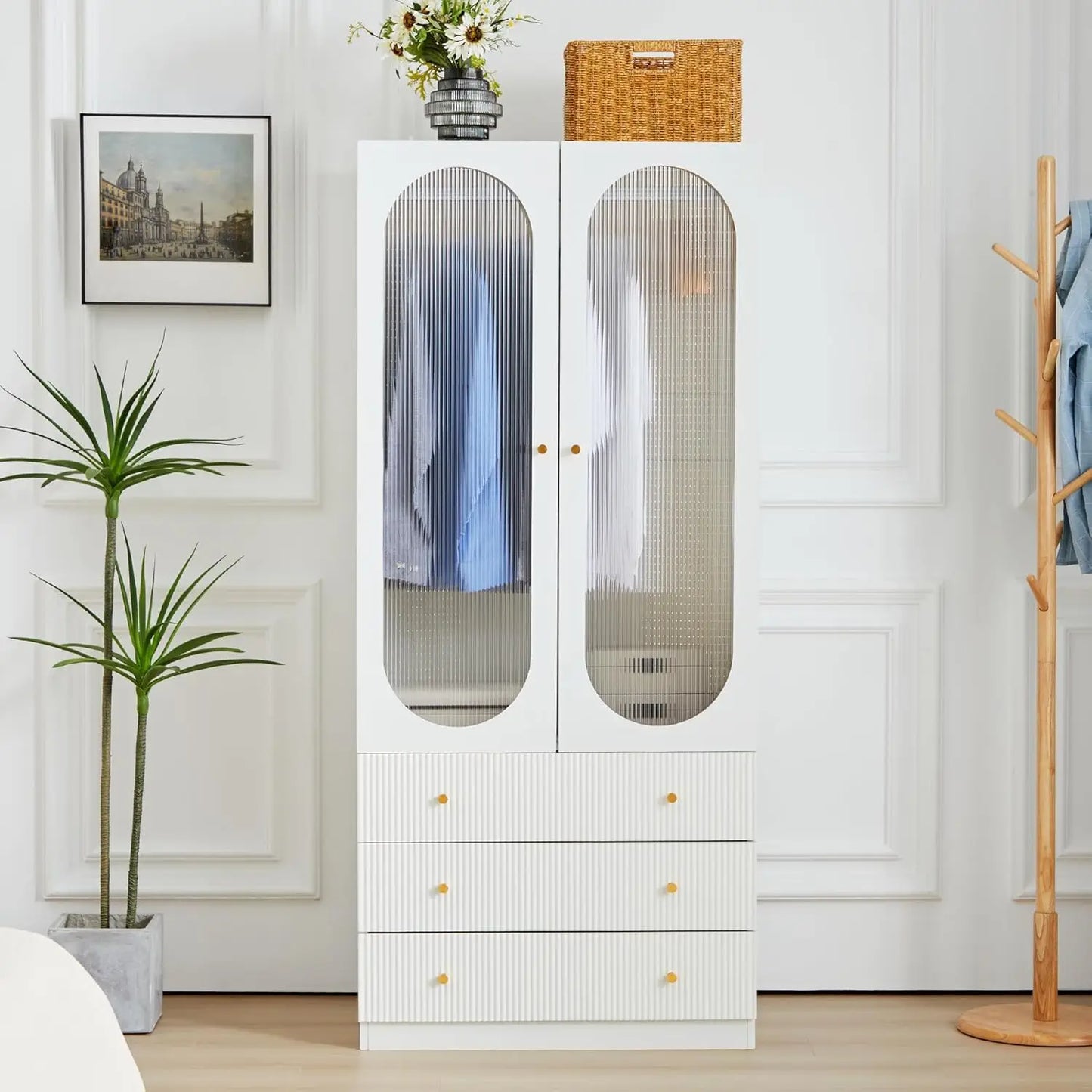 Wardrobe Closet with 3 Fluted Drawers and Hanging Rail