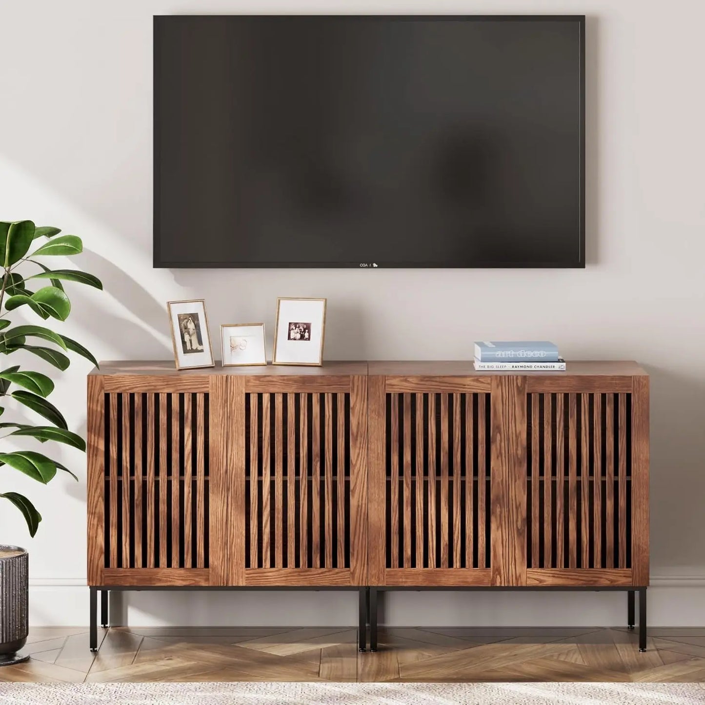 2 in 1 TV Stand with 4 Doors, Oak Sideboard, Metal Base