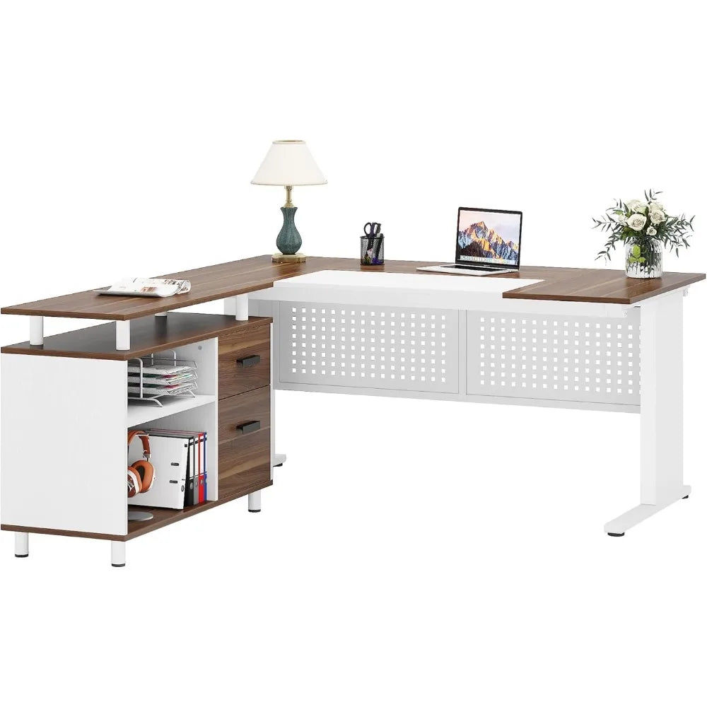 63 Inch L shaped Desk - File Cabinet, Drawers and Shelves