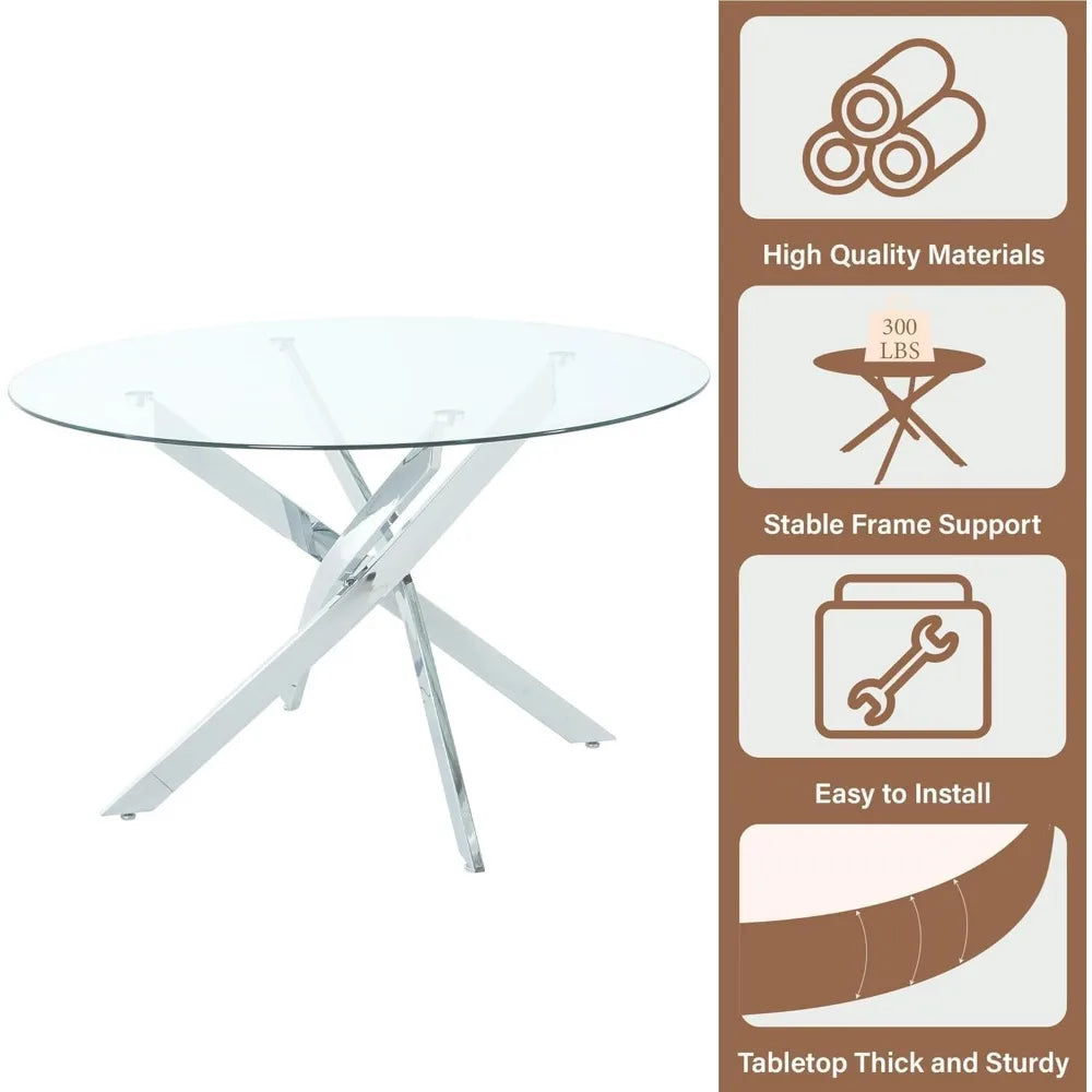 5-Piece Round Dining Table Set for 4, 47" Small Circle Tempered Glass Kitchen Table Set with Chrome Silver Leg, Upholstered
