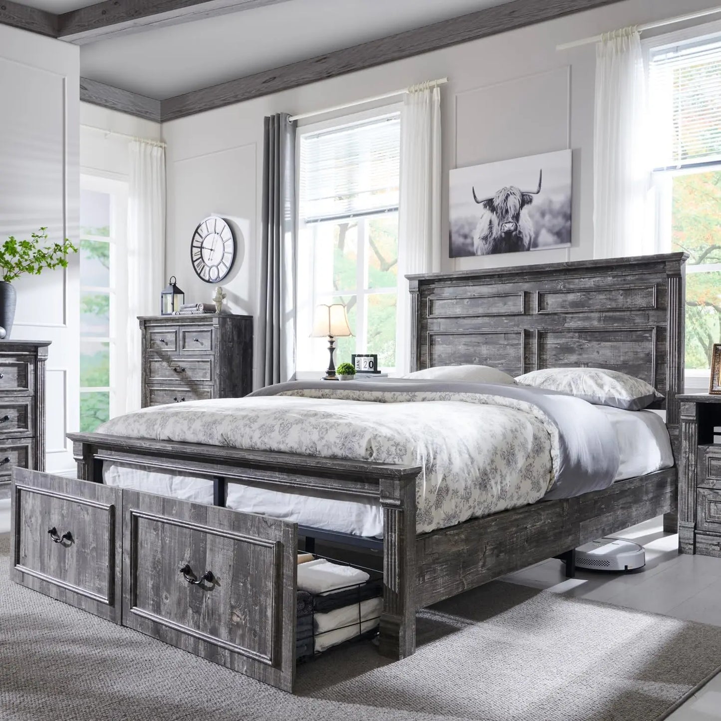 Queen Size Bed Frame, with Storage Drawers