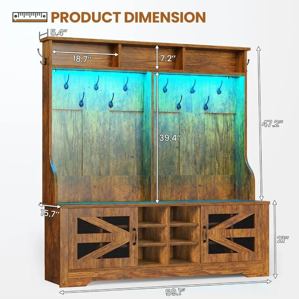 5 in 1 Entryway Bench with Coat Rack, Shoe Cubbies & Shelf