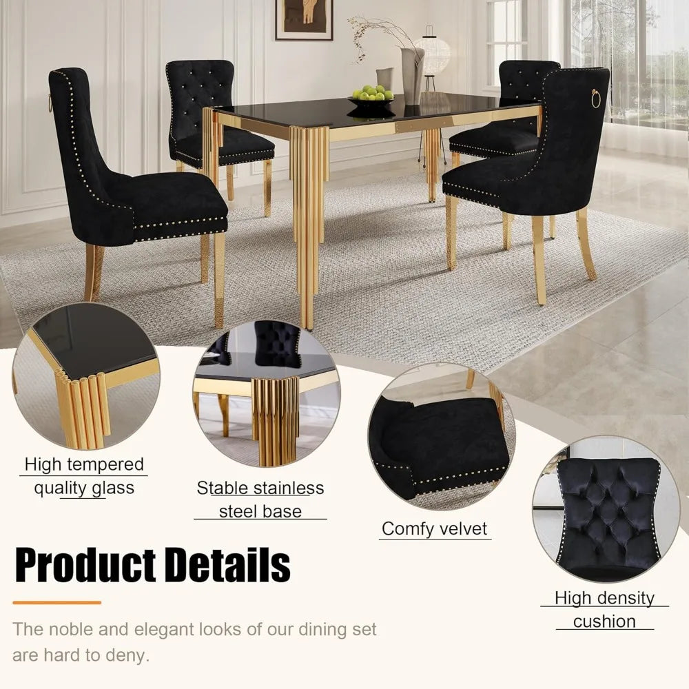 5 Piece Glass Dining Table Set for 4 People, 63" Rectangular Glass Kitchen Table with 4 Velvet Upholstered Chairs, Dining Room