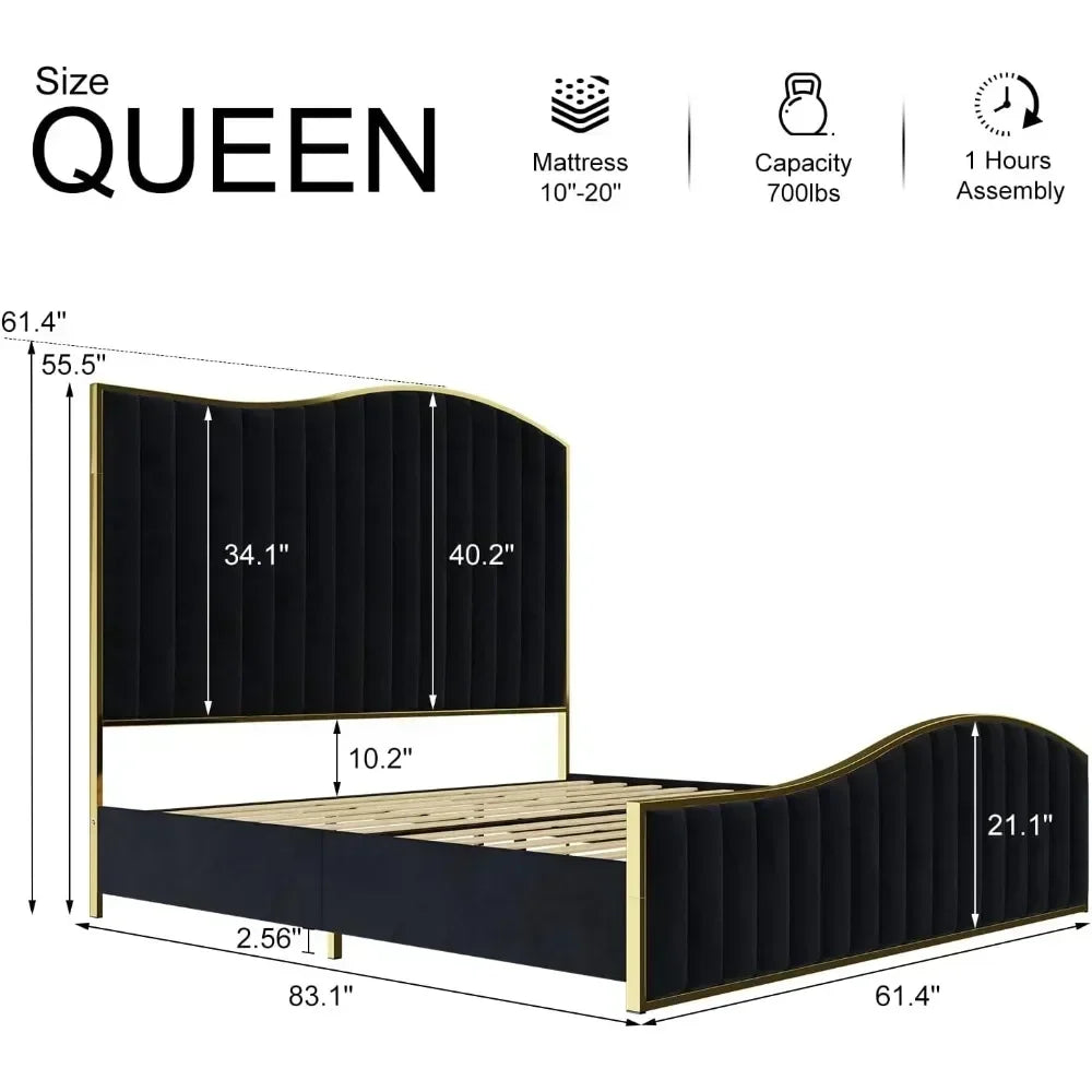 King & Queen Size Bed Frame Velvet Upholstered Platform Bed
