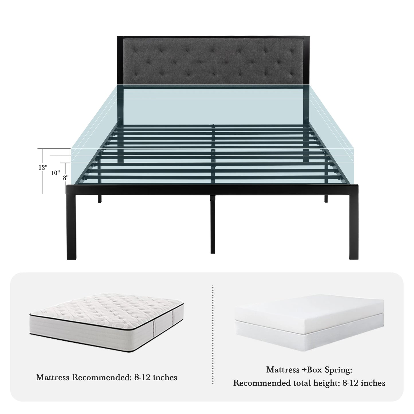 Bed Frame with Upholstered Finely Stitched Headboard - Queen, King, Full and Twin Sizes