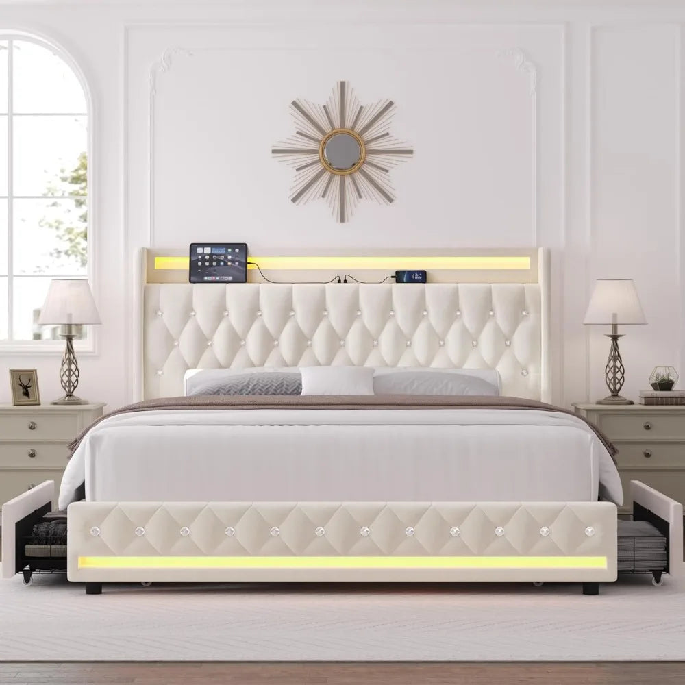 Velvet Upholstered Bed Frame with Storage – King, Queen, Full Sizes