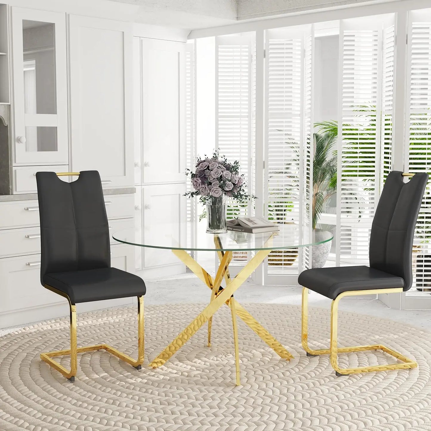 5-Piece Round Dining Table Set for 4, 47" Small Circle Tempered Glass Kitchen Table Set with Chrome Silver Leg, Upholstered