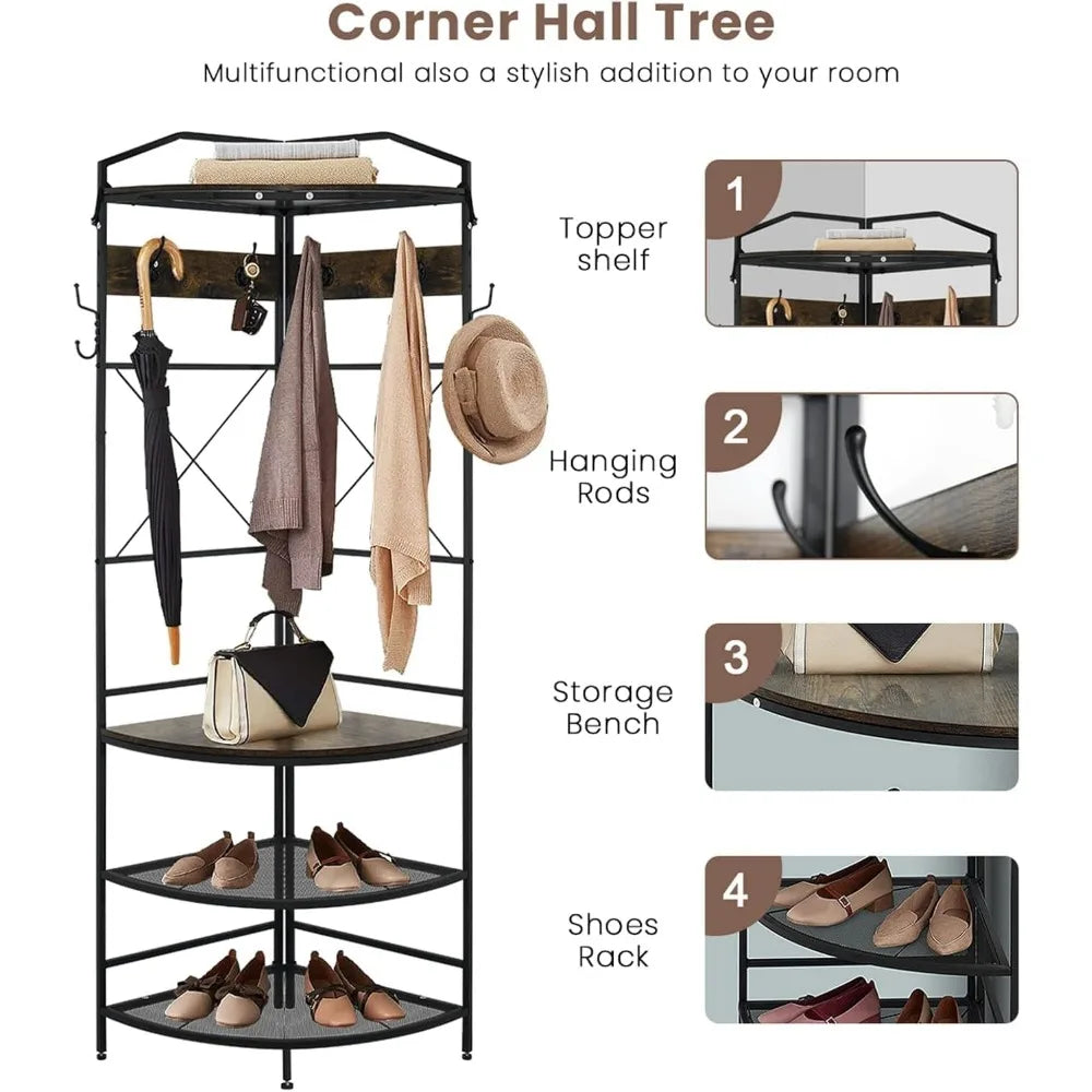 4-Tier Corner Coat Rack with Shoe Storage