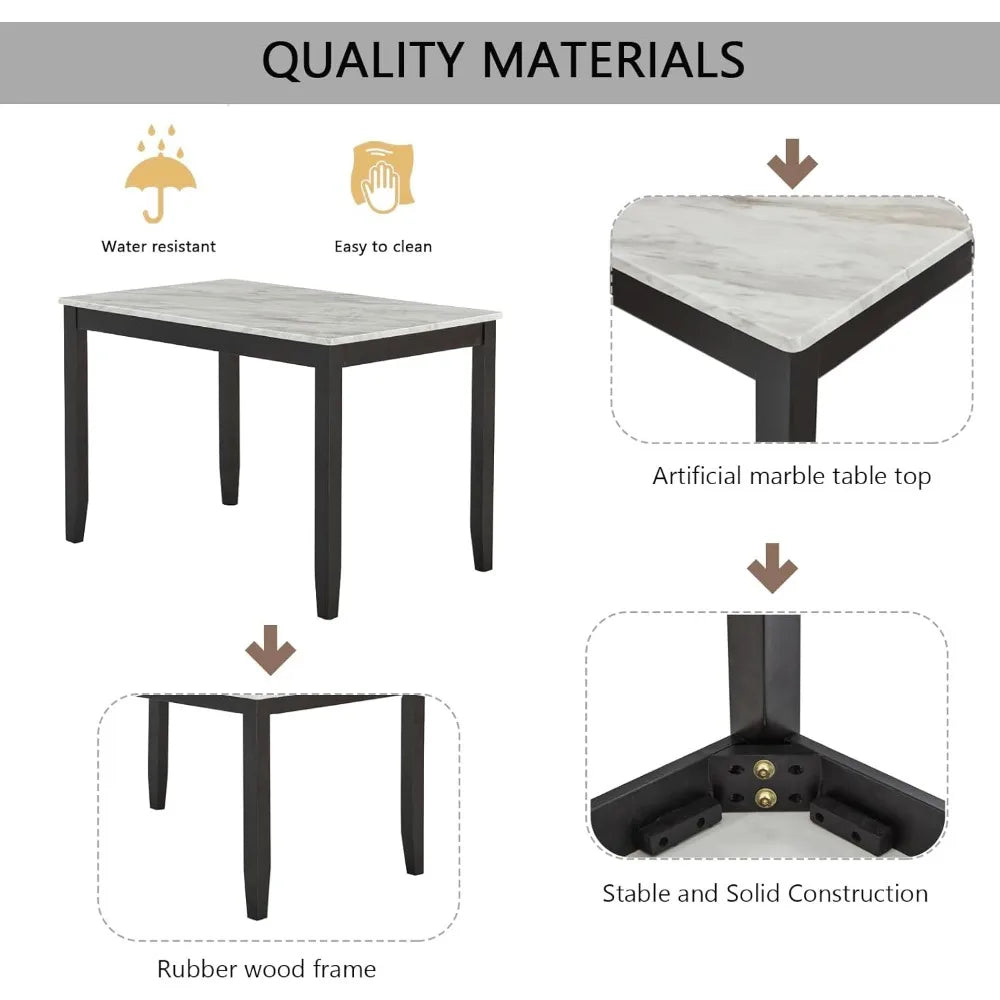 5-Piece Faux Marble Dining Table Set with Upholstered Chairs - Modern Rubber Wood Kitchen Table, 45.5" Stain-Resistant Family
