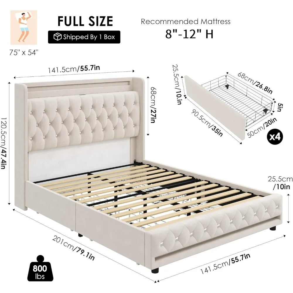 Velvet Upholstered Bed Frame with Storage – King, Queen, Full Sizes